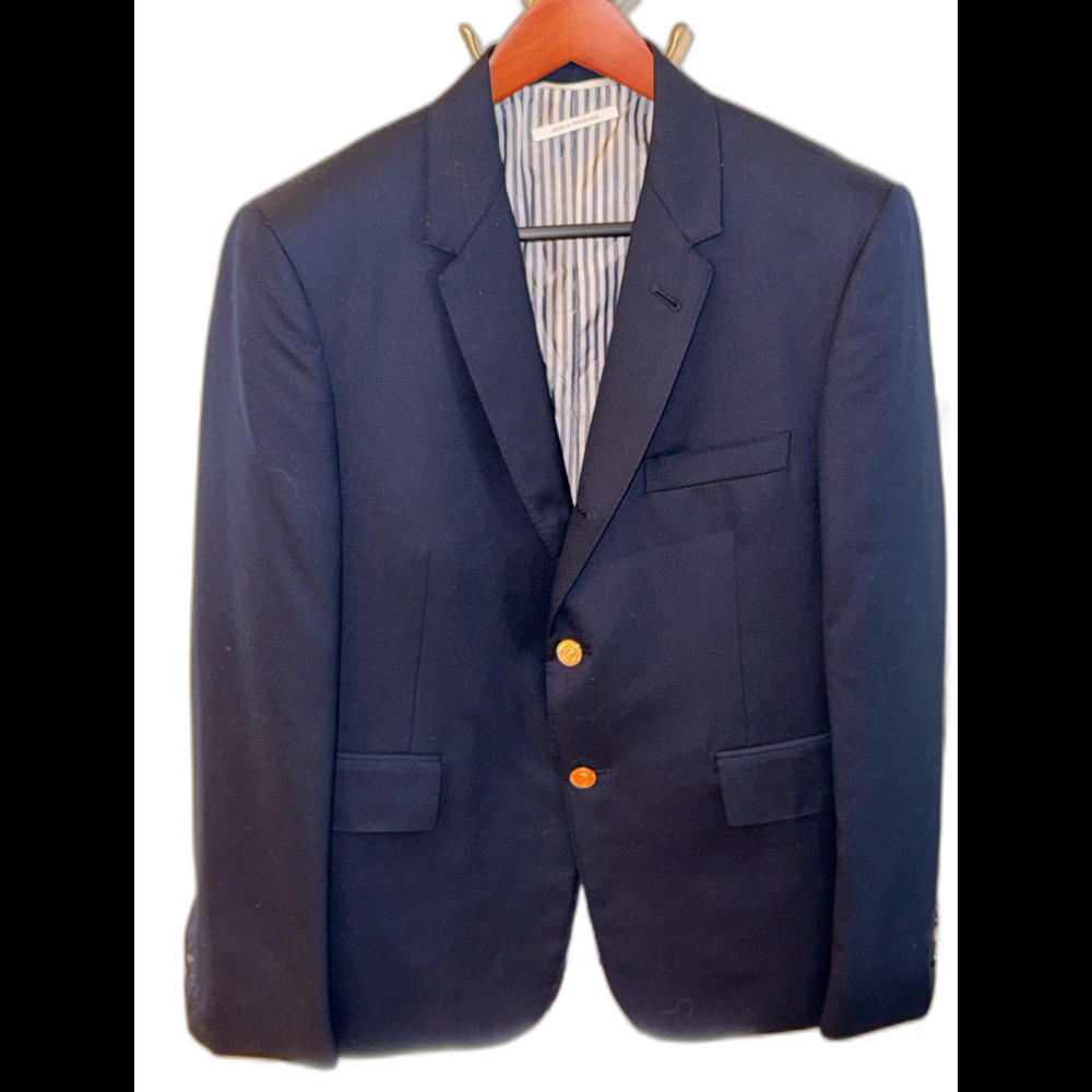 Thom Browne Navy Wool Blazer 52 IT US 42R Gold Button Grosgrain Suit Coat Jacket